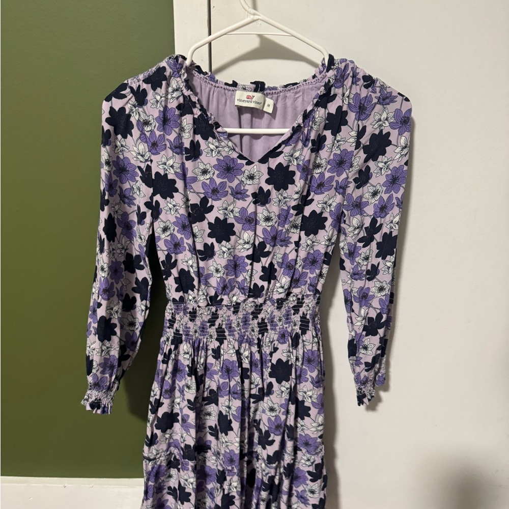 Vineyard Vines Girls' Smocked Long-Sleeve Dress (Easton Floral - Iris) Size M
